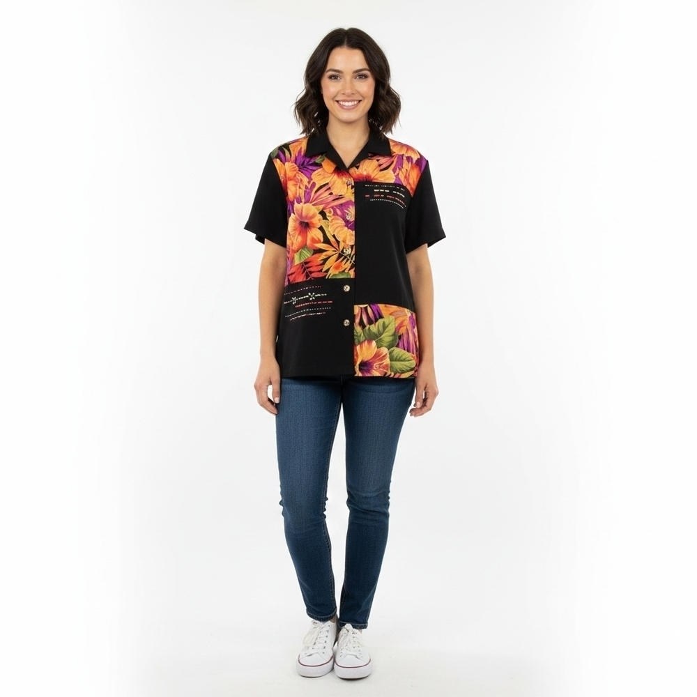 Gepetto Vintage 90s Tropical Floral Color Block Button Down Shirt Woman's Large